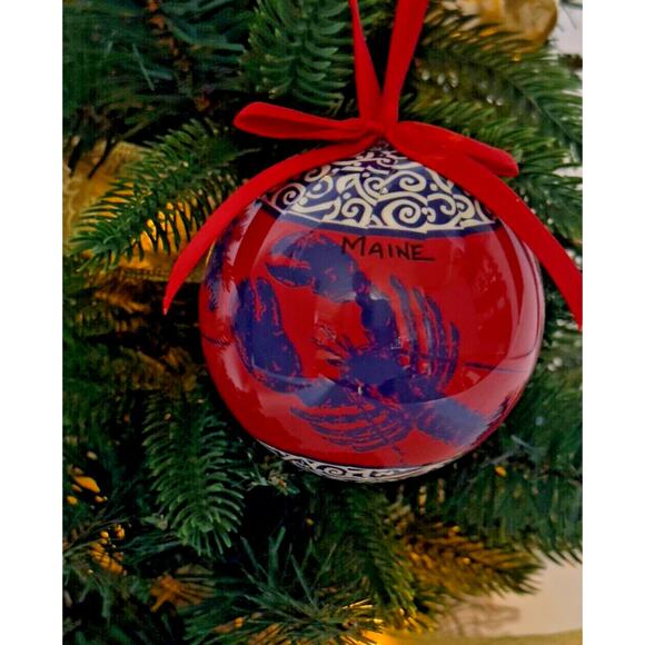 Maine Red & Blue Lobster Shatterproof Christmas Ornament Red Ribbon 3" Round - Picture 1 of 14